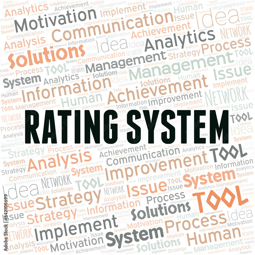 Rating System typography vector word cloud. Rating System typography vector word cloud.