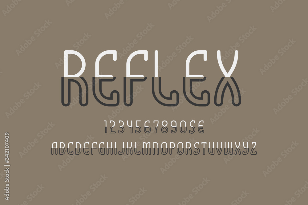 Reflex artistic display font. Bisected white black letters, numbers and currency signs. Isolated english alphabet. Vector creative lettering. Reflex artistic display font. Bisected white black letters, numbers and currency signs. Isolated english alphabet. Vector creative lettering.