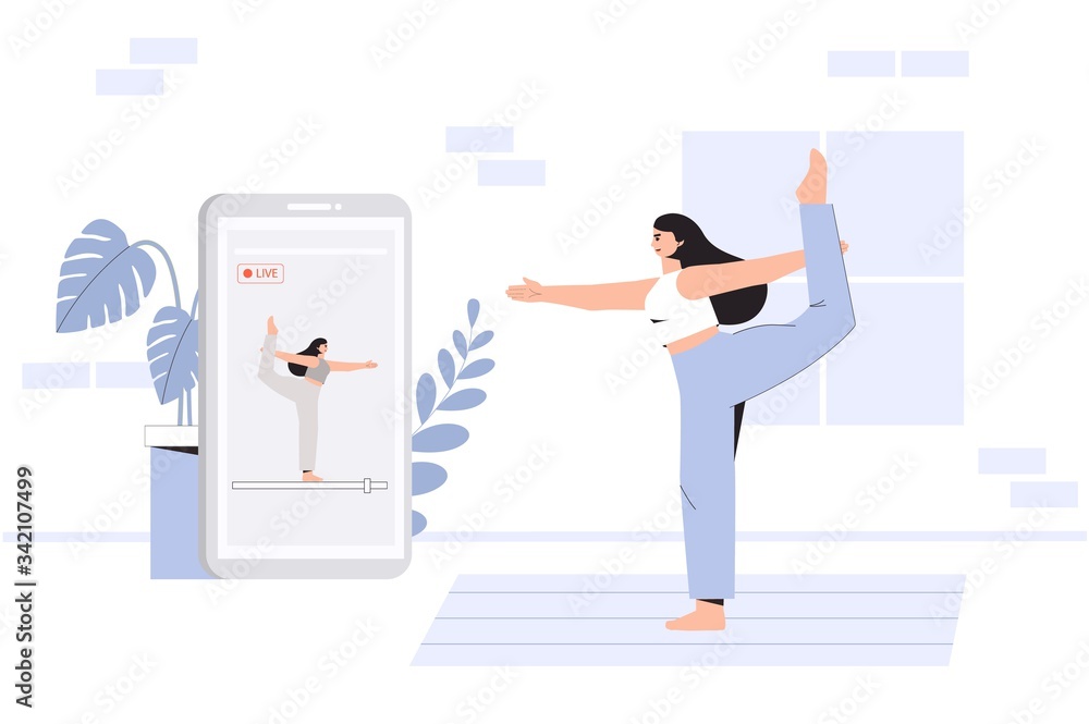 A young woman doing yoga in a cozy room with a modern interior, the concept of online yoga and stay at home. Flat style vector illustration. Online exercises via the app in your phone. A young woman doing yoga in a cozy room with a modern interior, the concept of online yoga and stay at home. Flat style vector illustration. Online exercises via the app in your phone.