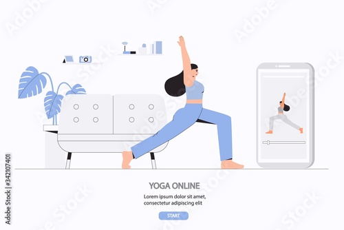 A young woman doing yoga in a cozy room with a modern interior, the concept of online yoga and stay at home. Flat style vector illustration. Online exercises via the app in screen smartphone.