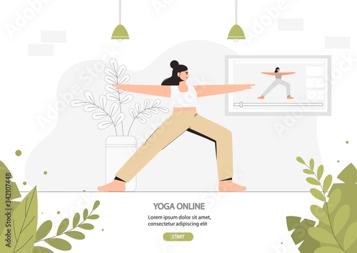 A young woman doing yoga in a cozy room with a modern interior, the concept of online yoga and stay at home. Flat style vector illustration. Online exercises live broadcast.
