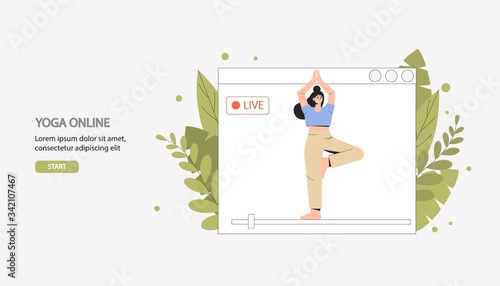 The concept stay at home. Exercises, sports, fitness, online yoga broadcast live. A young female yoga instructor shows exercises in a smartphone app. Flat style vector illustration. 