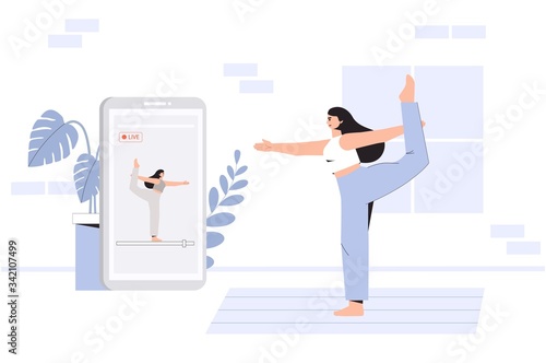 A young woman doing yoga in a cozy room with a modern interior, the concept of online yoga and stay at home. Flat style vector illustration. Online exercises via the app in your phone. 