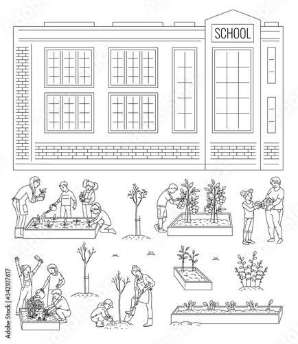 Children working in school garden - isolated line art set of kids gardening