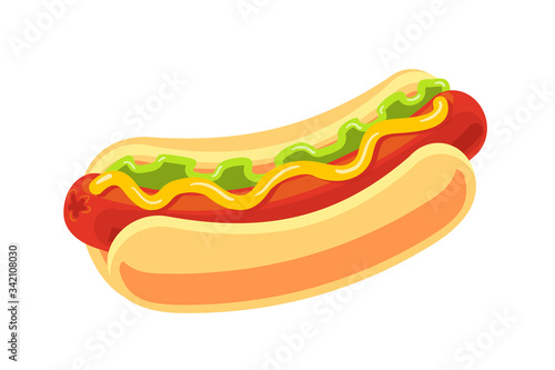 Classic hotdog isolated on white background. Fast food vector object. Big Hot dog cartoon illustration. Takeaway food symbol for banner or design poster