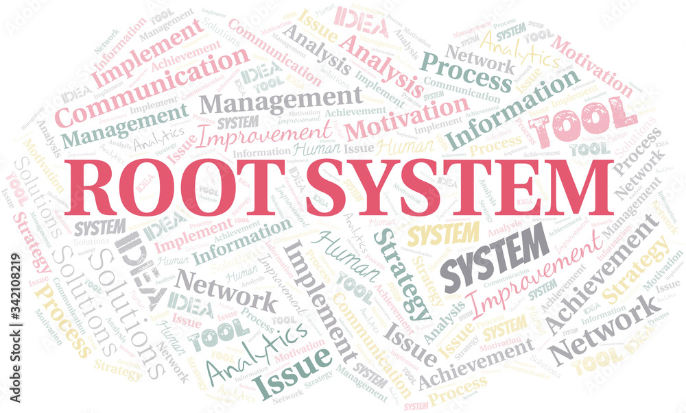 Root System typography vector word cloud.