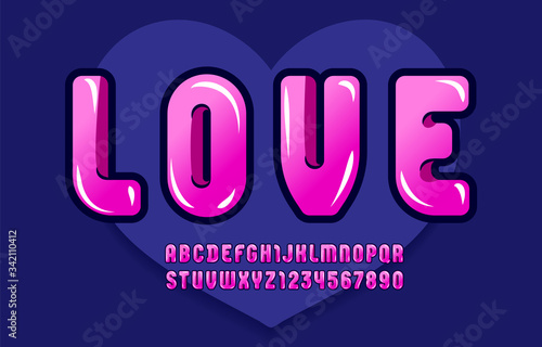 Pink bold font, trendy beautiful alphabet in the erotic style, modern red letters and numbers for your design, vector illustration 10EPS