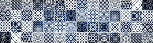 Blue gray white bright vintage retro geometric square mosaic motif cement tiles texture background banner panorama
