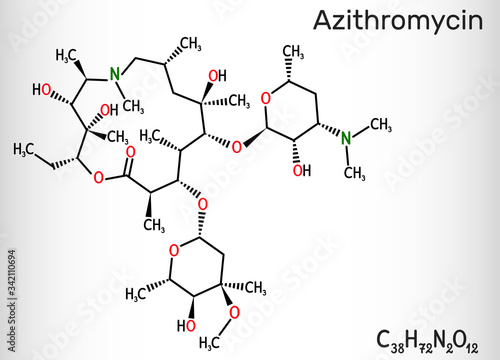 Azithromycin molecule. It is macrolide antibiotic. Сombination of azithromycin and antimalarial drug hydroxychloroquine is used to treat COVID-19. Structural chemical formula