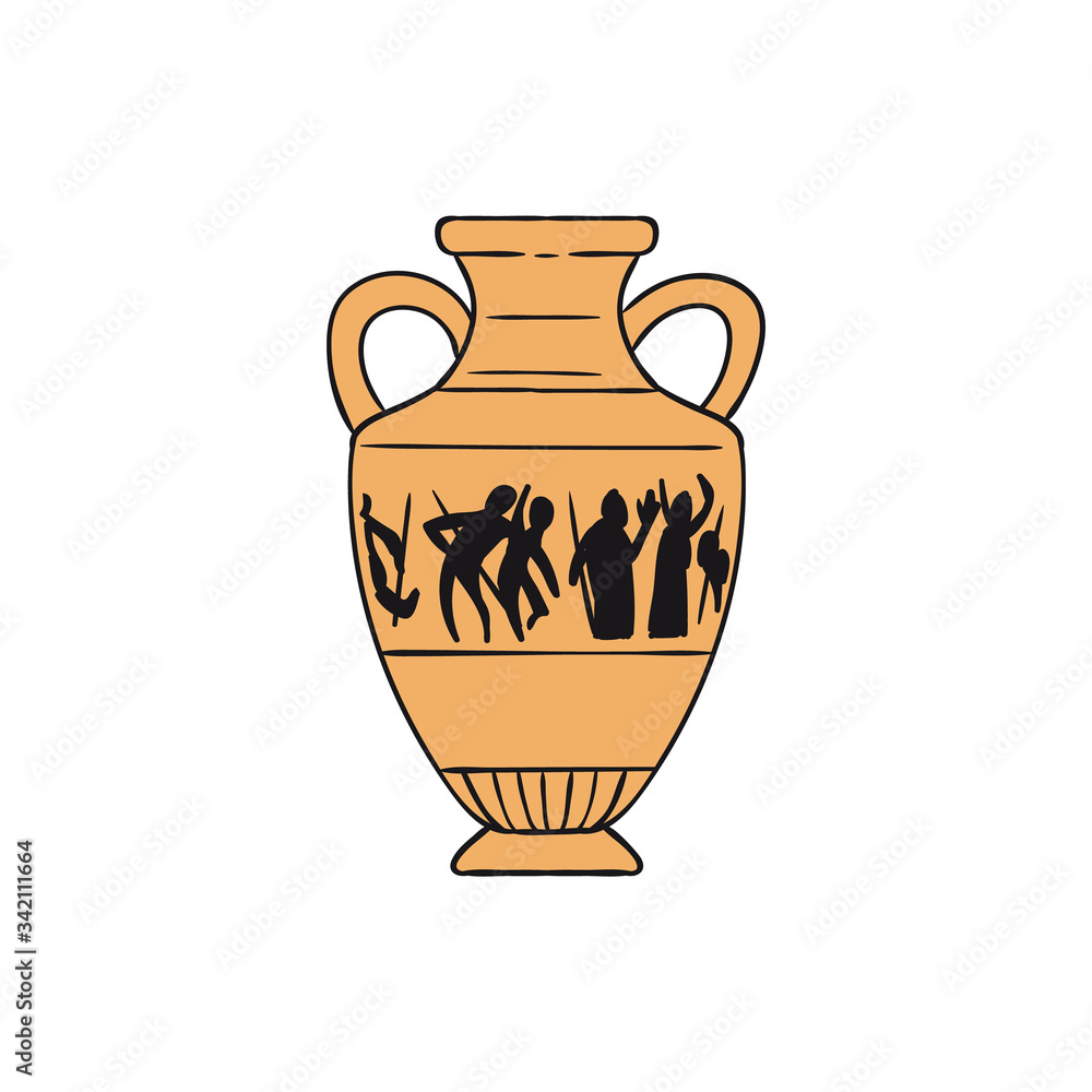 Isolated yellow ancient Greek pottery vase with human figures