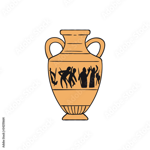 Isolated yellow ancient Greek pottery vase with human figures