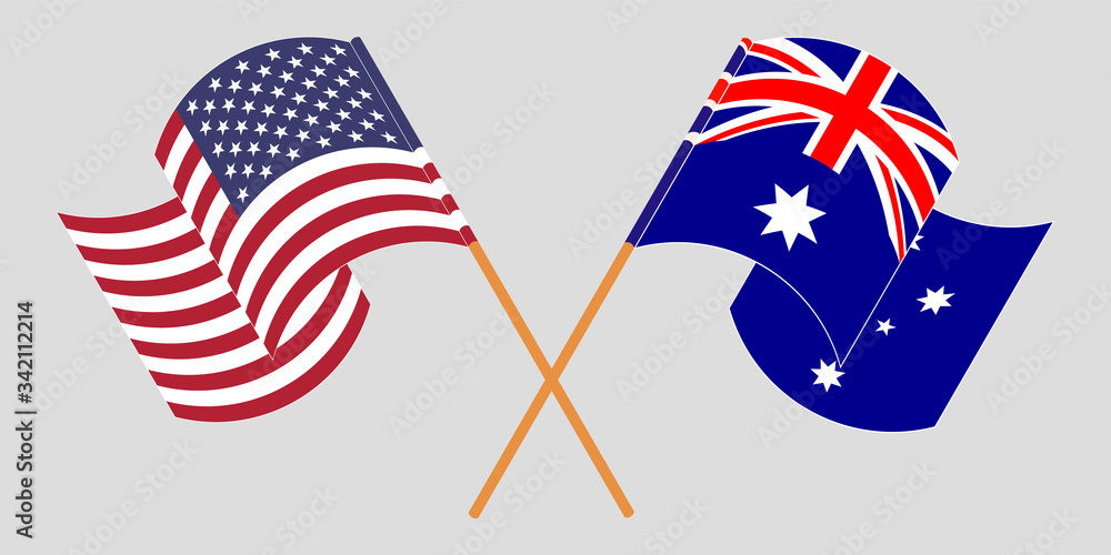 Crossed and waving flags of Australia and the USA Crossed and waving flags of Australia and the USA