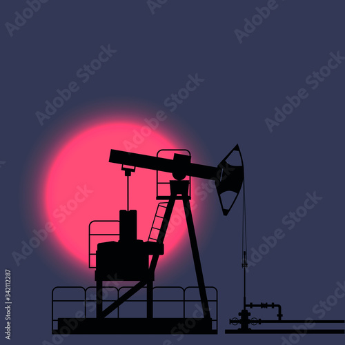Oil industry illustration. Oil production. Sunset. Vector graphics. Oil crisis