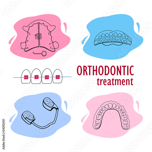 Dentistry.Set orthodontic apparatus for correcting the position of the teeth and the occlusion. Elastopositioner, invisible splint,kappa for bruxism, braces.Vector illustration.For dental clinic