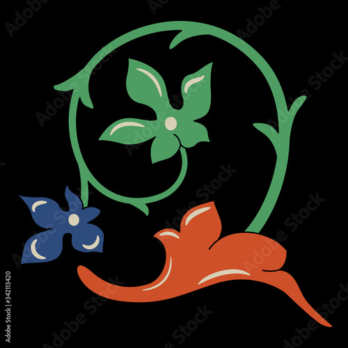 Isolated vector illustration. Vintage floral motif. Stylized spiral branch with leaves. Illuminated manuscript scroll.