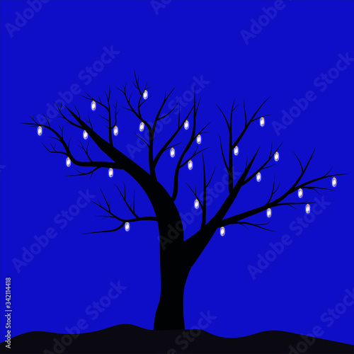 Tree on blue background for celebration decoration design. Christmas tree. Celebration & party. Vector background. Night scene. Bright star. © Vovmar