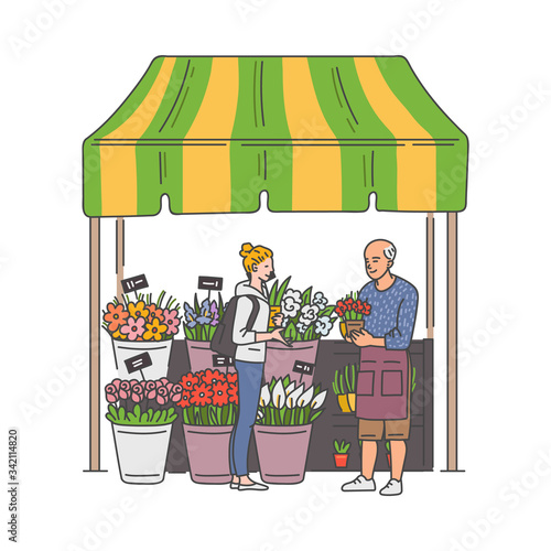Flower market kiosk booth with seller and buyer, vector illustration isolated.