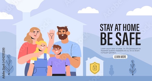 Happy healthy family stay at home in isolation during quarantine on isolation. Smart home security system or insurance concept. Mother father and daughter spend time together in their house.
