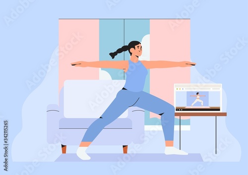 Girl in her room or apartment practicing yoga or doing exersice watching video online on laptop at home. Concept of online lessons or yoga studio classes with instructor banner, landing page, add.