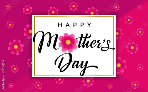 Happy Mothers Day calligraphy banner with flowers on pink background. Vector rose color chamomile blossom decoration for Mother's day special offer poster. Best Mom ever