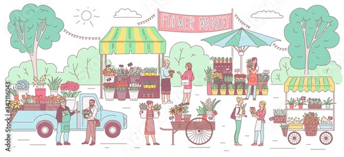 Flower market banner with cartoon people selling and buying flowers