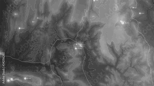 Terrain big data visualization. Futuristic map infographic. Complex topographical data graphic visualization. Abstract data on elevation graph. Monochrome geographical data image.