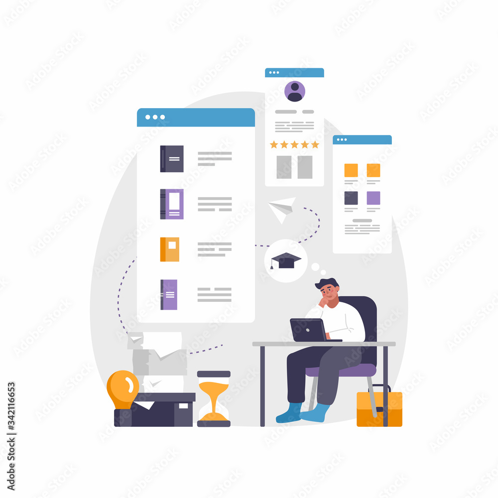 Modern mobile app for education and e-learning. Vector illustration of man sitting at desk with laptop Modern mobile app for education and e-learning. Vector illustration of man sitting at desk with laptop