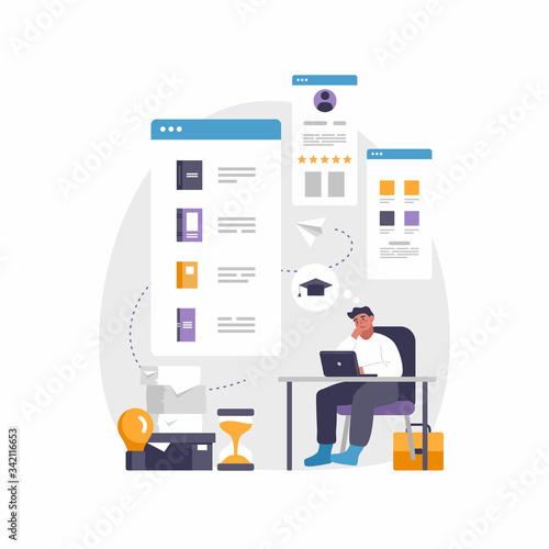 Modern mobile app for education and e-learning. Vector illustration of man sitting at desk with laptop