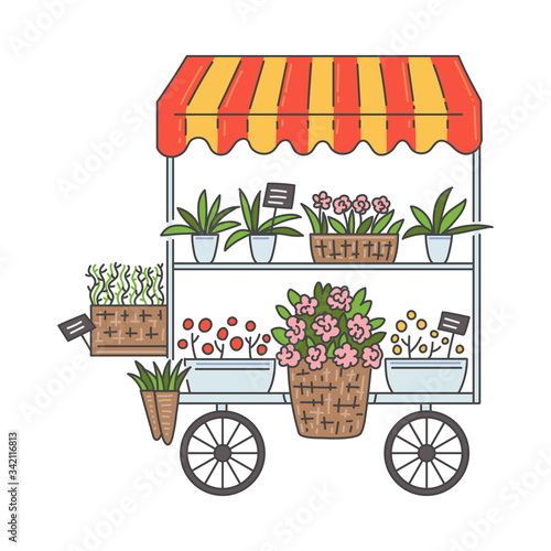 Flower market kiosk on wheels cartoon icon sketch vector illustration isolated.