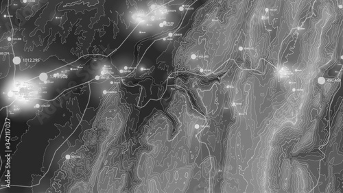 Terrain big data visualization. Futuristic map infographic. Complex topographical data graphic visualization. Abstract data on elevation graph. Monochrome geographical data image.