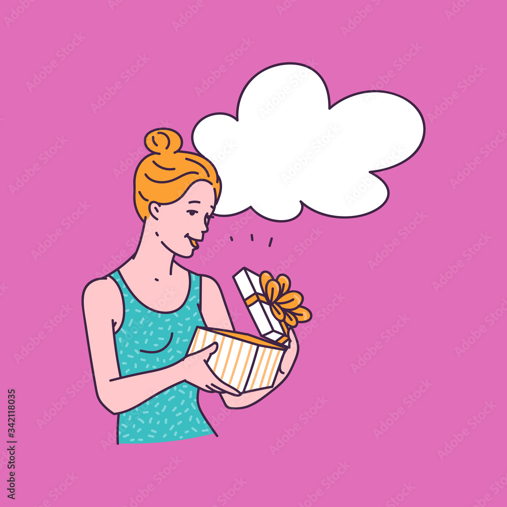 Girl opening present or gift box, sketch cartoon vector illustration isolated. Girl opening present or gift box, sketch cartoon vector illustration isolated.