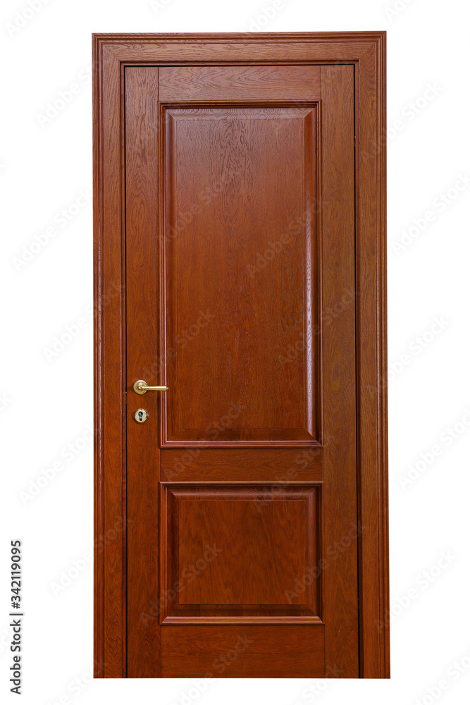 Frontal image of a closed door, isolated on white background.