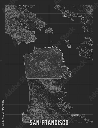 City map of San Francisco. Vector elevation map of town. Generated conceptual surface relief map. Detailed geographic elegant landscape scheme. Topographic outline poster.
