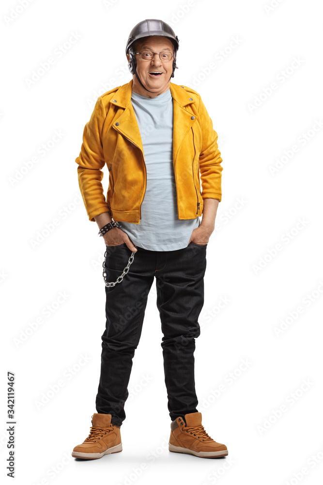 Fototapeta premium Elderly man biker in a yellow leather jacket
