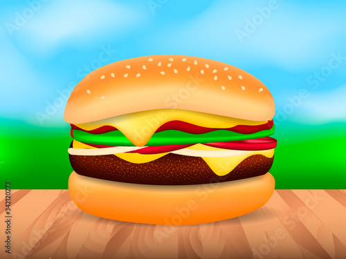 Humbuger on a wooden table and outdoor background. Vector stock  illustration for card or banner