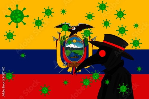 Black plague doctor surrounded by viruses with copy space with ECUADOR flag.