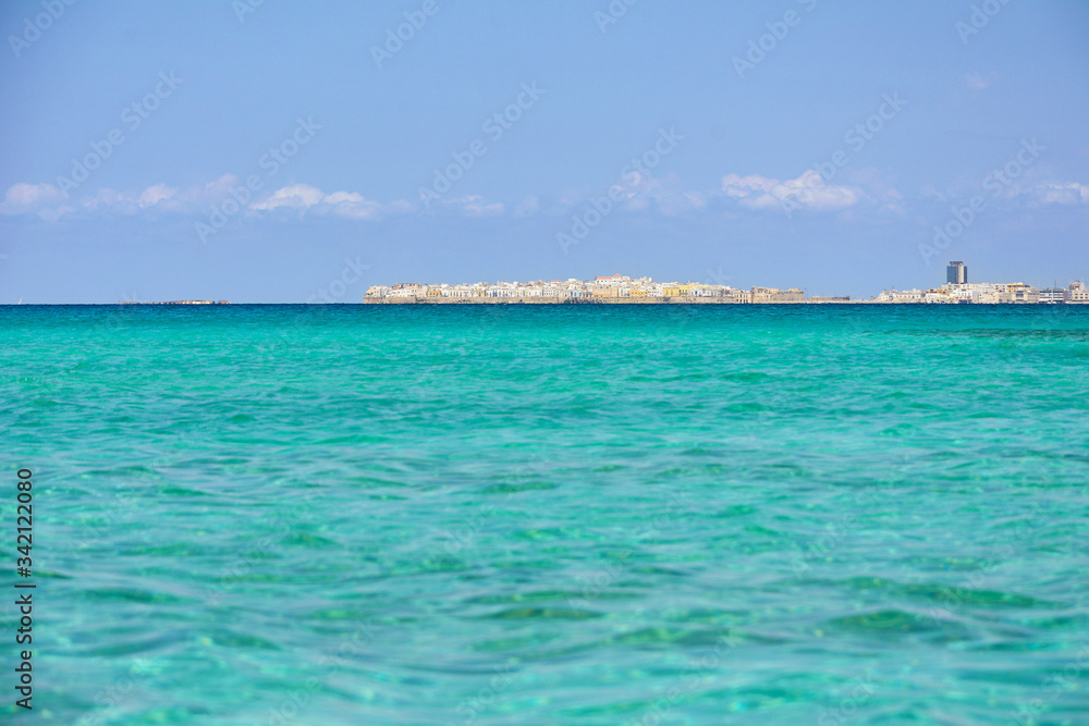 Gallipoli from the sea, famous Salento city on the Mediterranean sea. Puglia, Italy