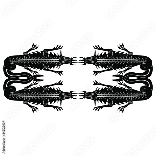 Isolated vector illustration. Symmetrical animal decor or frame with four fantastic medieval dragons. Illuminated manuscript motif. Black and white silhouette.
