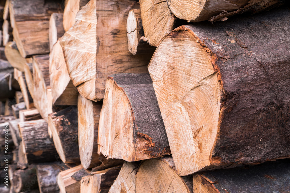 tree cut stacked in a row. deforestation. home heating. wood background tree cut stacked in a row. deforestation. home heating. wood background