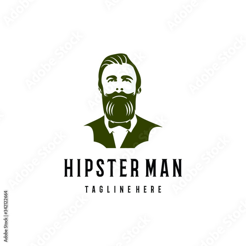 Hipster man logo design. Awesome hipster man logo. A man with suit & beard logotype.