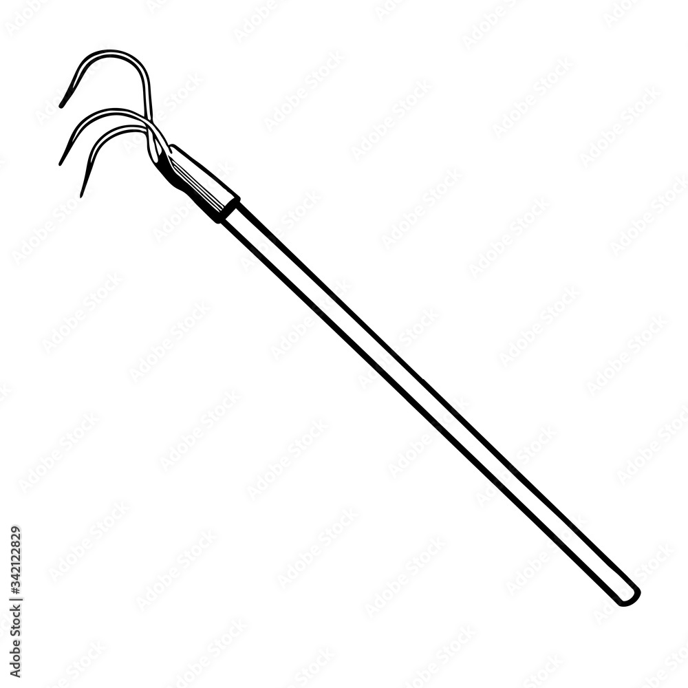 Hand drawn outline black vector illustration of a beautiful metal rake with wooden handle for gardening isolated on a white background Hand drawn outline black vector illustration of a beautiful metal rake with wooden handle for gardening isolated on a white background