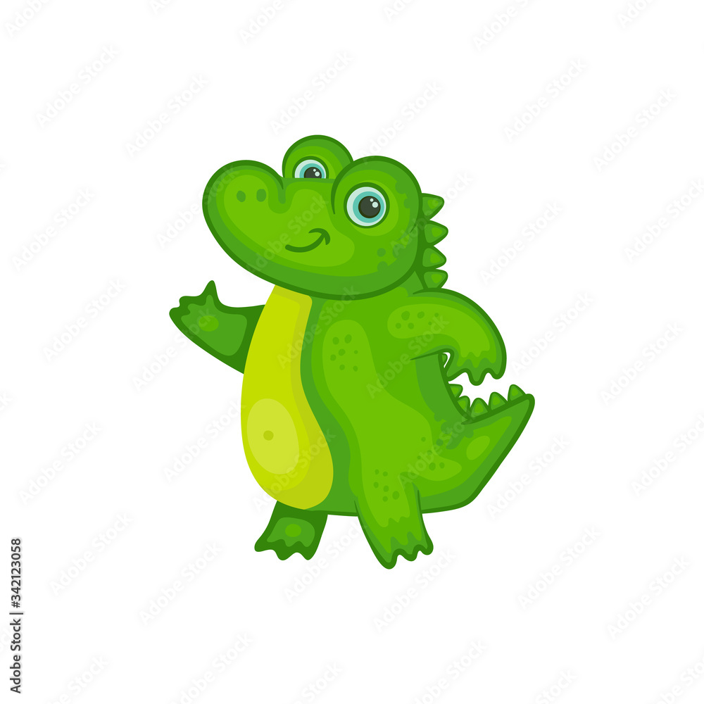 Cartoon baby crocodile smiling and waving - cute green alligator child Cartoon baby crocodile smiling and waving - cute green alligator child