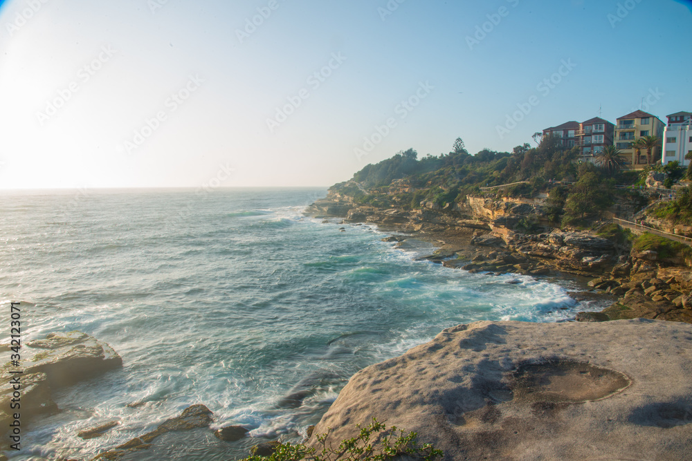 SYDNEY, AUSTRALIA - February 1, 2020: Ocean View of the Bondi Beach in Sydney, NSW, Australia. Australia is a continent located in the south part of the earth.