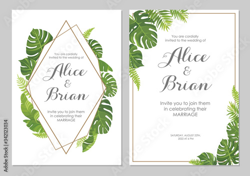 Wedding invitations set. Cards with tropical green leaves design. Floral geometric border. Vector illustration.