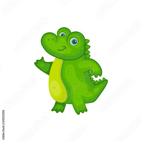 Cartoon baby crocodile smiling and waving - cute green alligator child