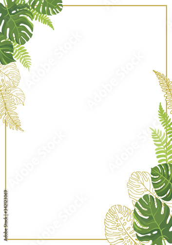 Frame with green tropical leaves and line art graphic. Floral border with place for text. Vector illustration.