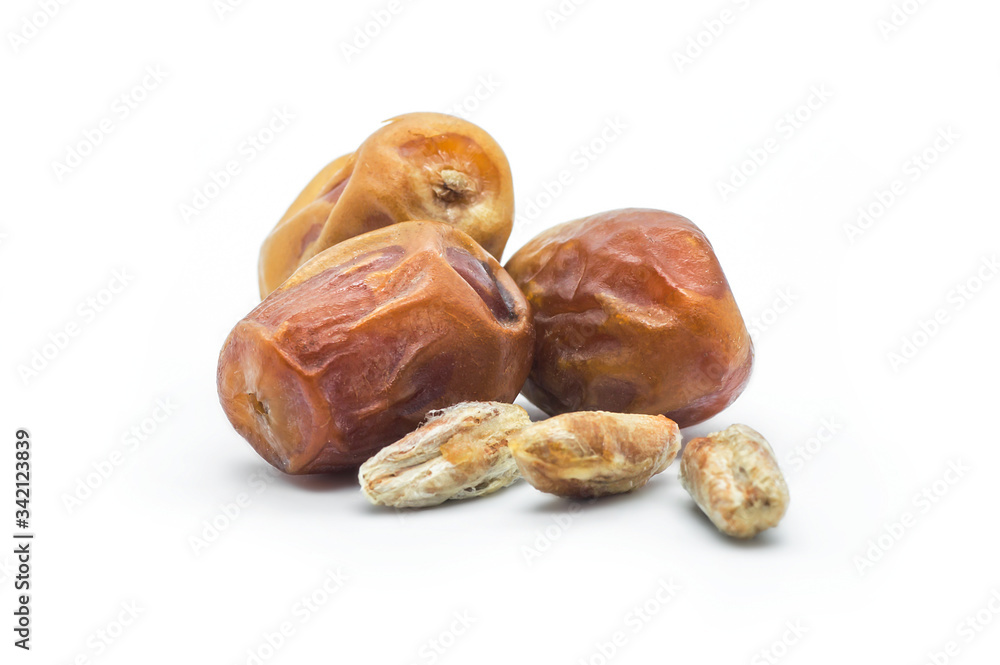 Date, tasty dry fruit isolated on white background, ramadan kareem food, copy space ( Phoenix dactylifera ) Date, tasty dry fruit isolated on white background, ramadan kareem food, copy space ( Phoenix dactylifera )