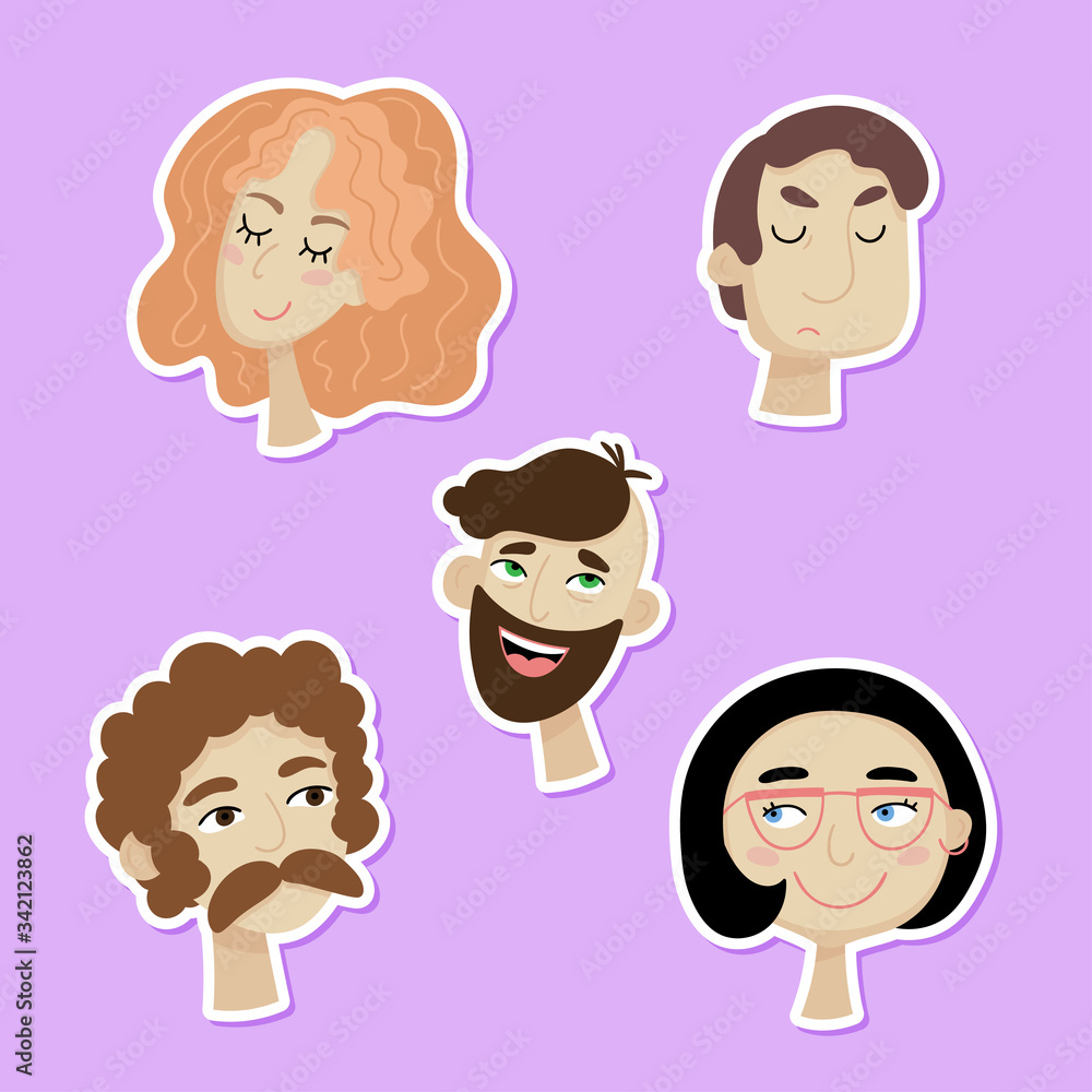 Set of cartoon faces of people with different emotions. Vector flat characters. Set of cartoon faces of people with different emotions. Vector flat characters.