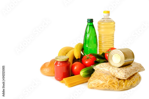 Food supplies crisis food stock for quarantine isolation period on white background. Food delivery, Donation, coronavirus quarantine. Copyspace.