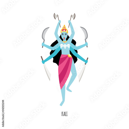 Cartoon Kali - Hindu goddess with six arms isolated on white background